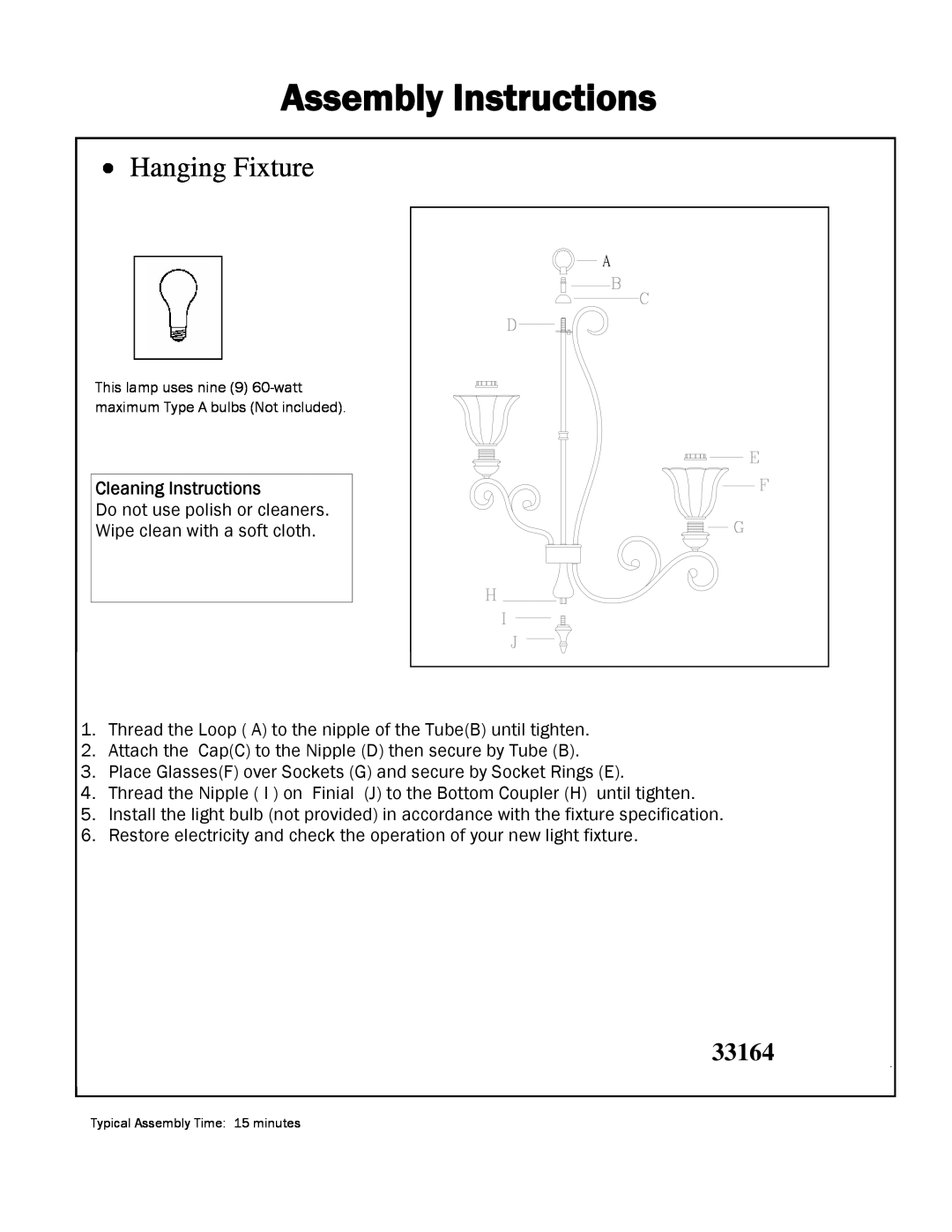Triarch 33164 manual Assembly Instructions, Hanging Fixture, Cleaning Instructions 