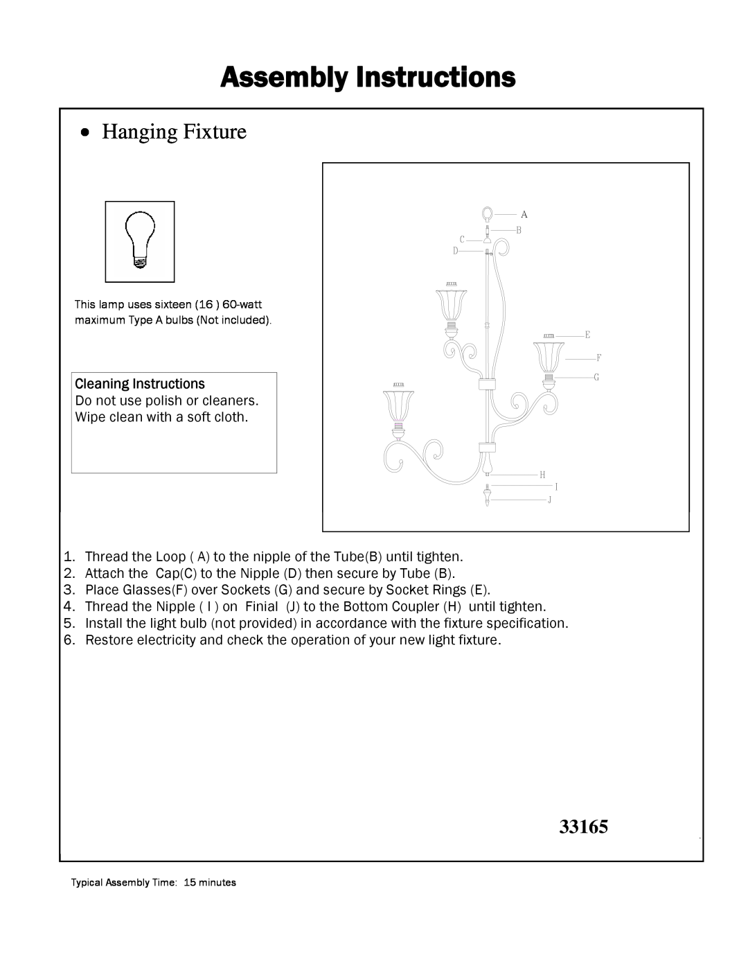 Triarch 33165 manual Assembly Instructions, Hanging Fixture, Cleaning Instructions 