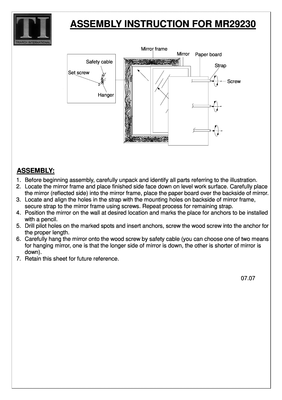 Triarch manual ASSEMBLY INSTRUCTION FOR MR29230, Assembly 