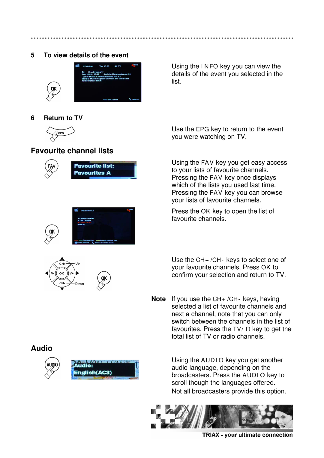 Triax 305041 manual Favourite channel lists, Audio 