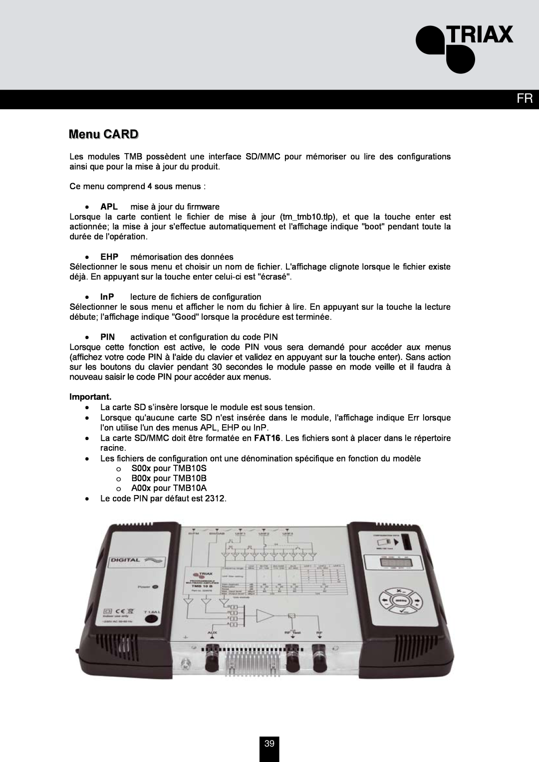 Triax 324577, 324576, 324575 manual Menu CARD 