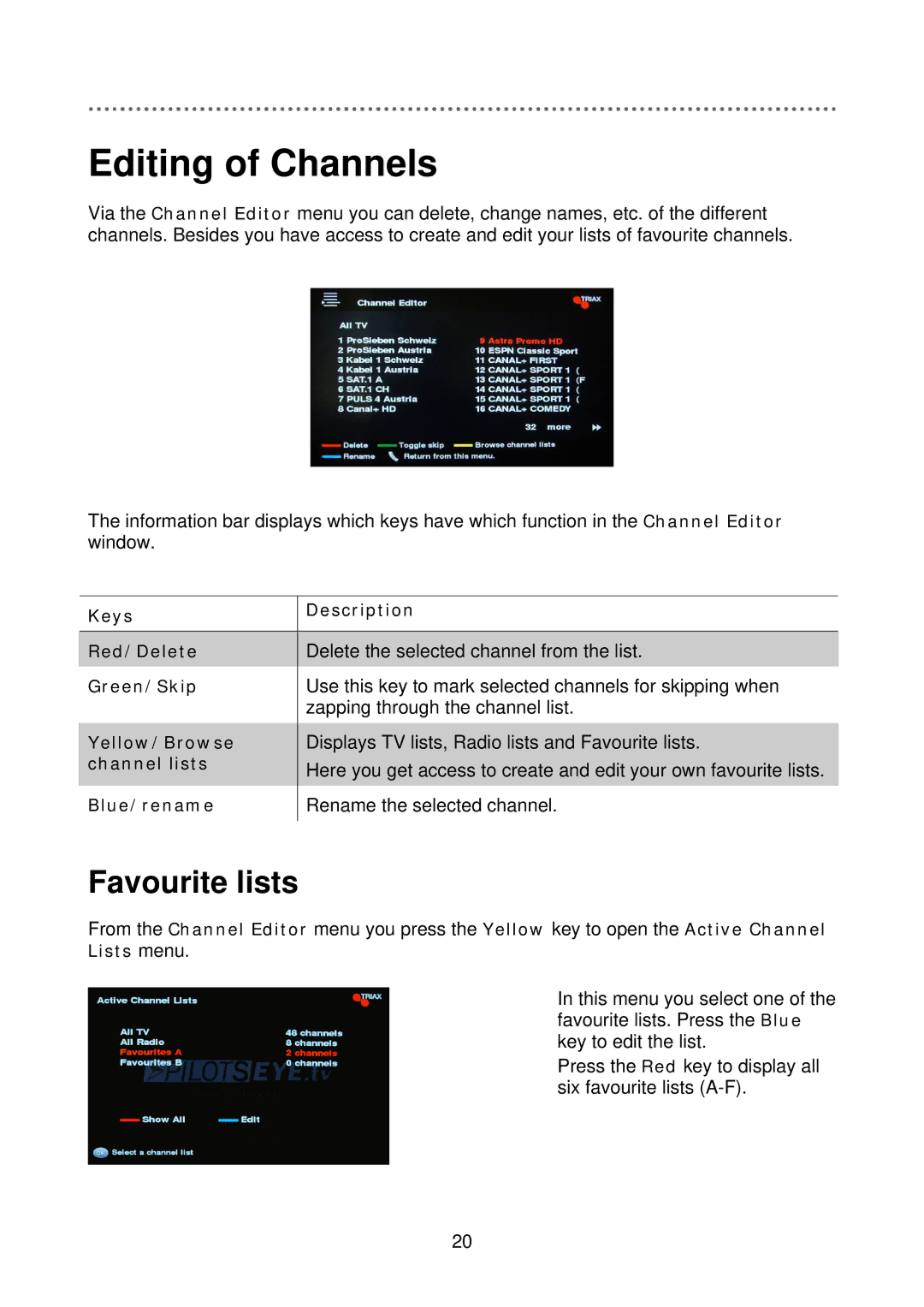 Triax C-HD415 CX manual Editing of Channels, Favourite lists 