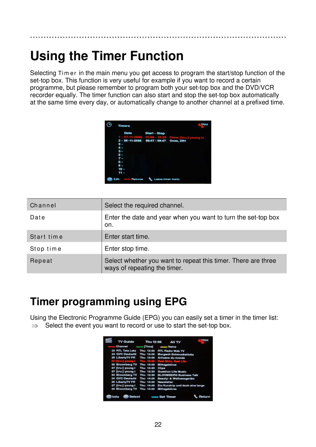 Triax C-HD415 CX manual Using the Timer Function, Timer programming using EPG 