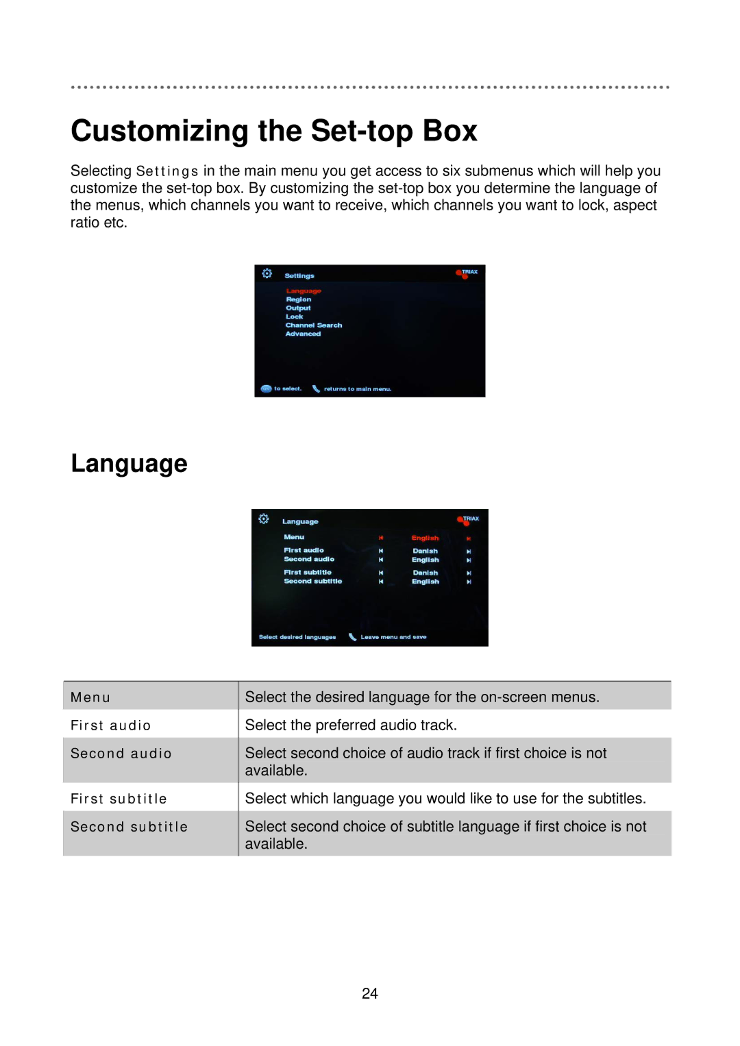 Triax C-HD415 CX manual Customizing the Set-top Box, Language 