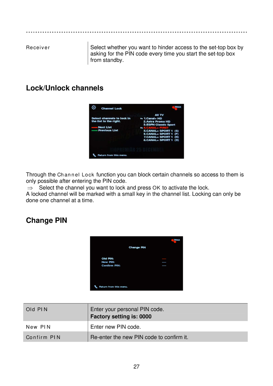 Triax C-HD415 CX manual Lock/Unlock channels, Change PIN 