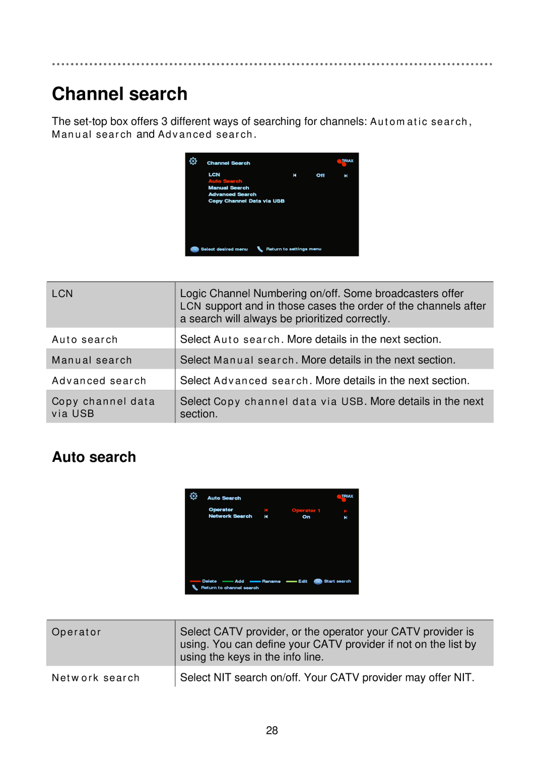 Triax C-HD415 CX manual Channel search, Auto search 