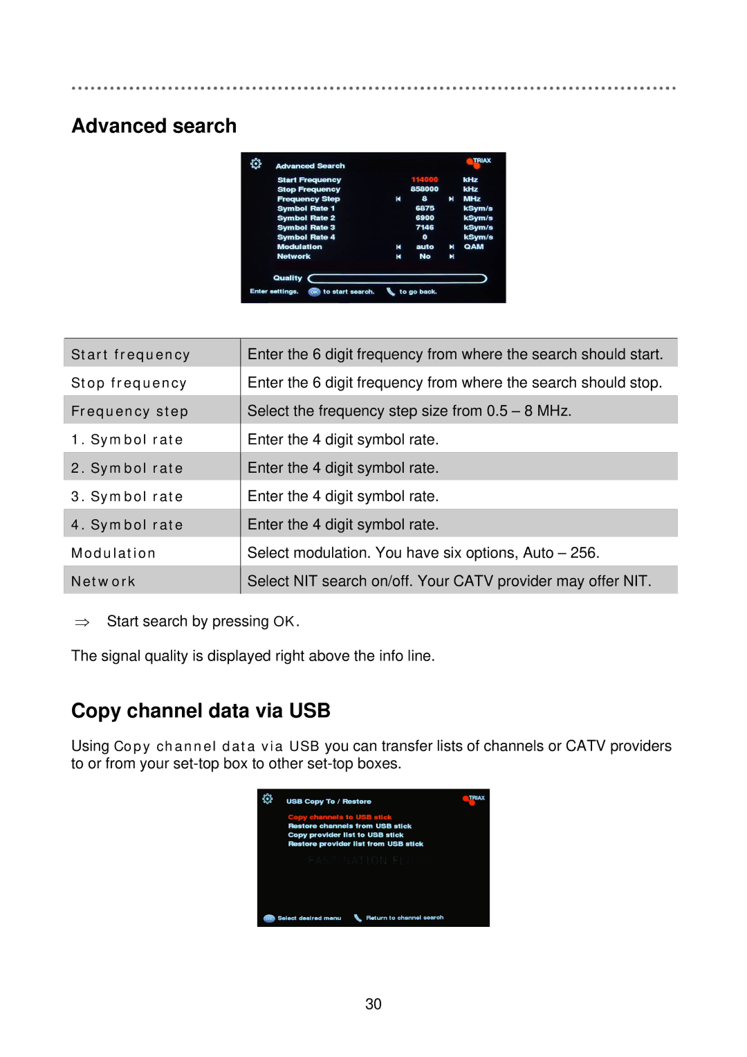 Triax C-HD415 CX manual Advanced search, Copy channel data via USB 