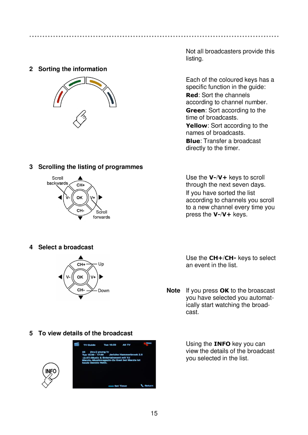 Triax C-HD417 CX manual Sorting the information, Scrolling the listing of programmes, Select a broadcast 