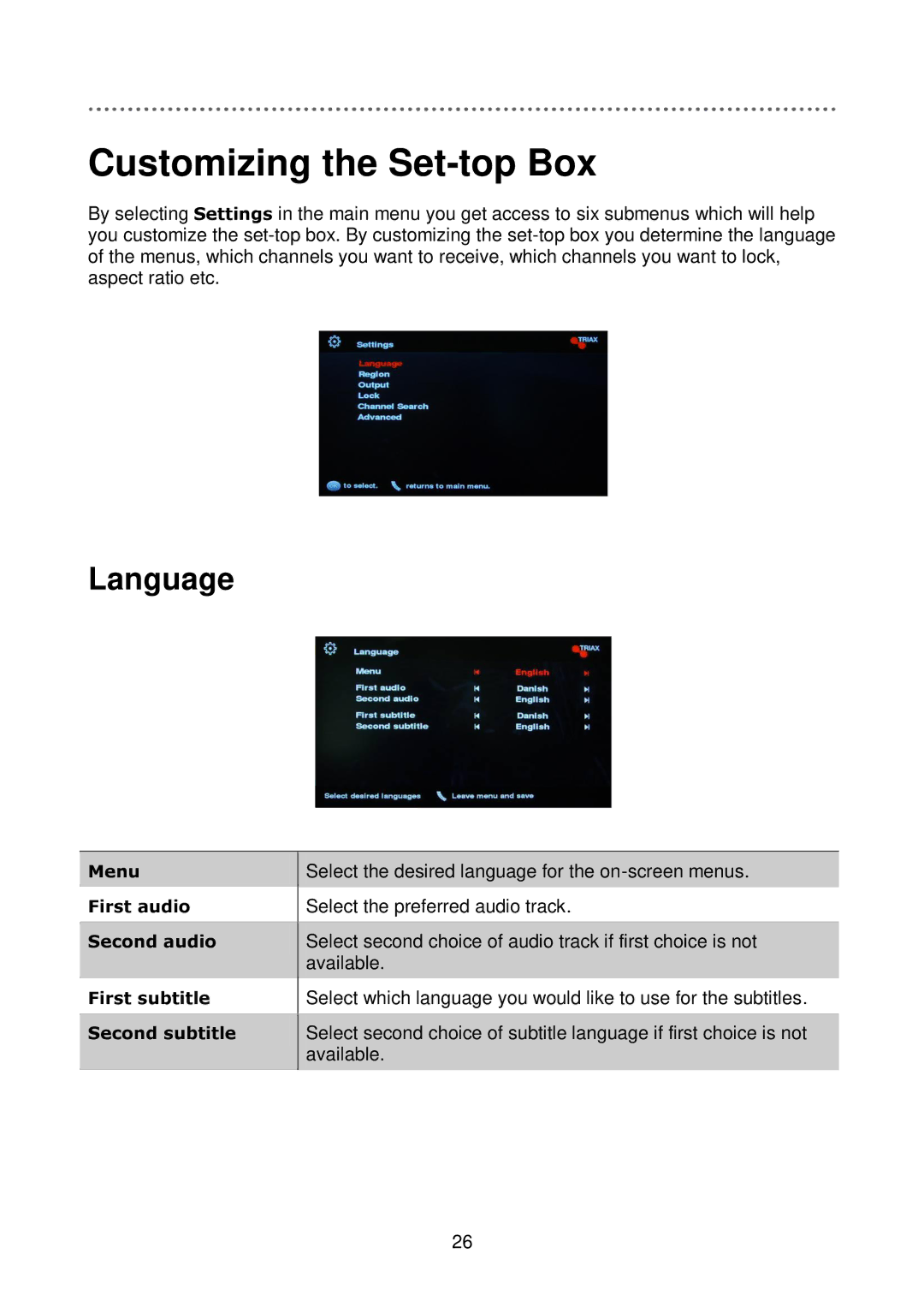 Triax C-HD417 CX manual Customizing the Set-top Box, Language 