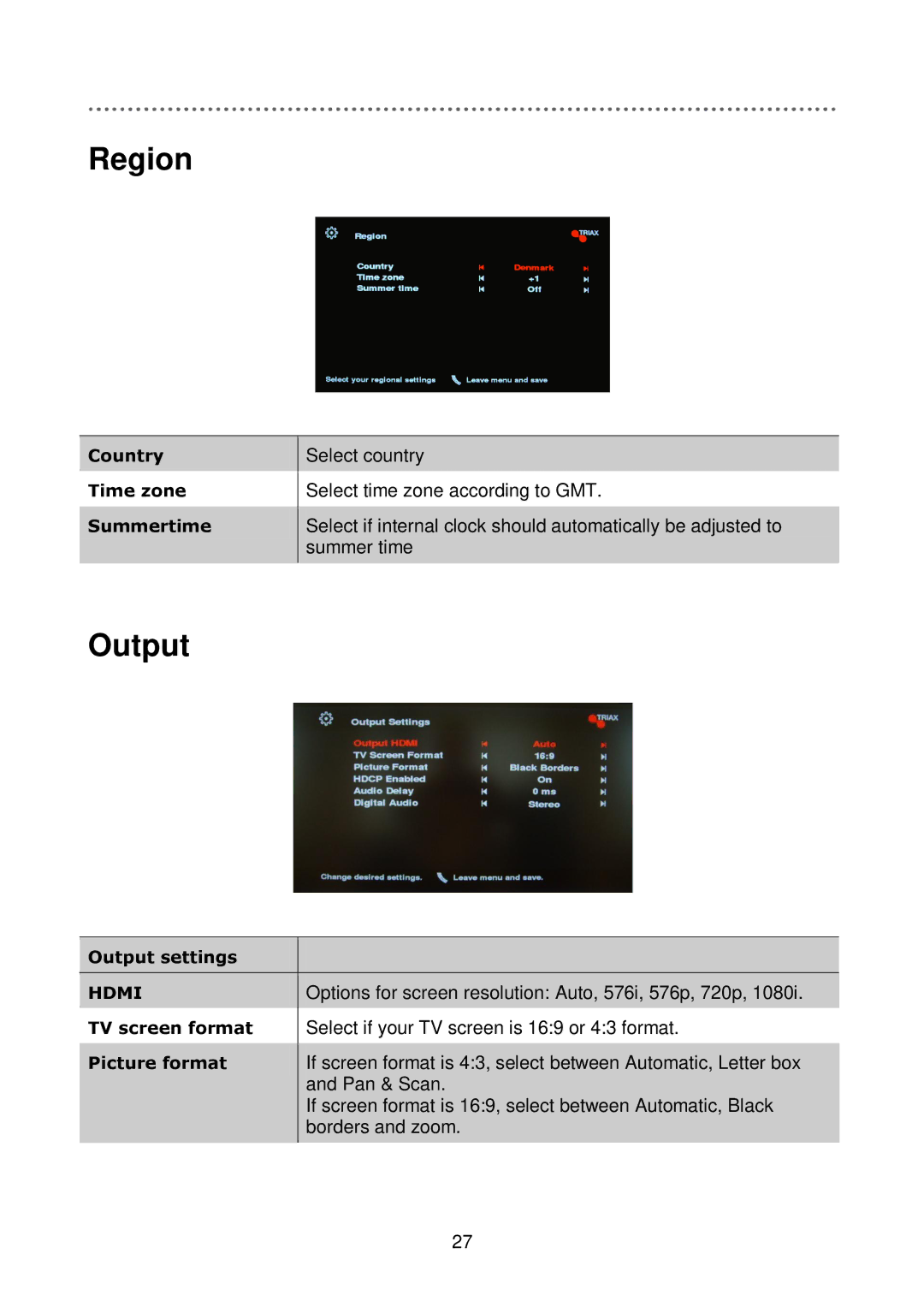 Triax C-HD417 CX manual Region, Output 