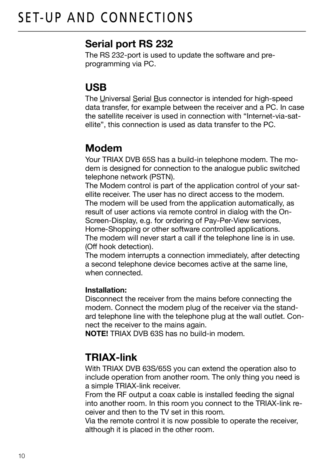 Triax DVB 63S, DVB 65S user manual Serial port RS, Modem, TRIAX-link, Installation 