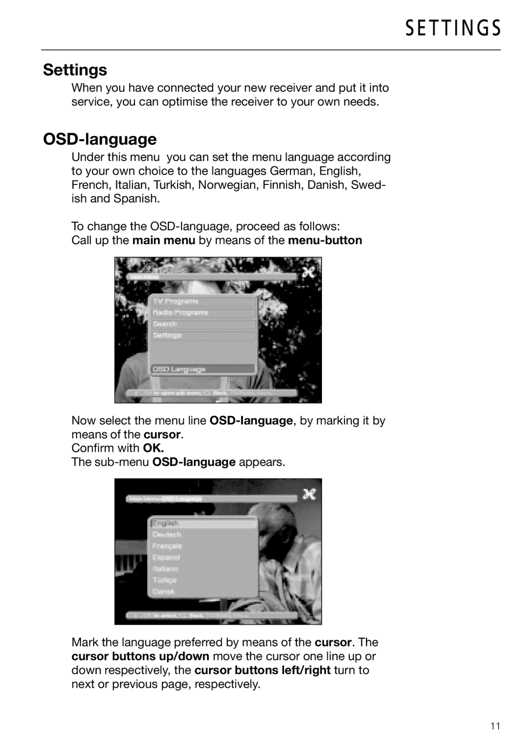 Triax DVB 65S, DVB 63S user manual T T I N G S, Settings, OSD-language 