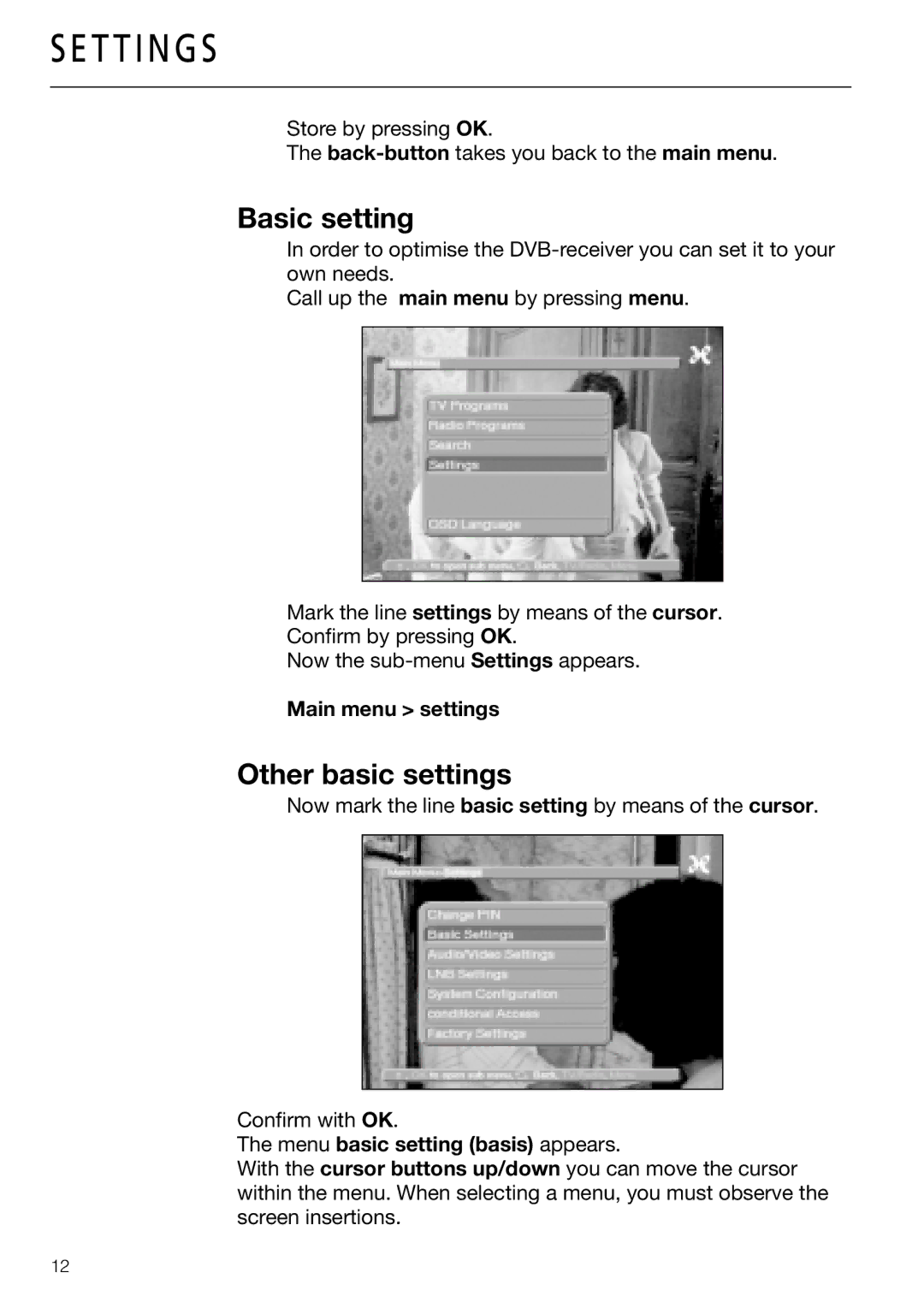 Triax DVB 63S, DVB 65S user manual Basic setting, Other basic settings, Main menu settings, Menu basic setting basis appears 