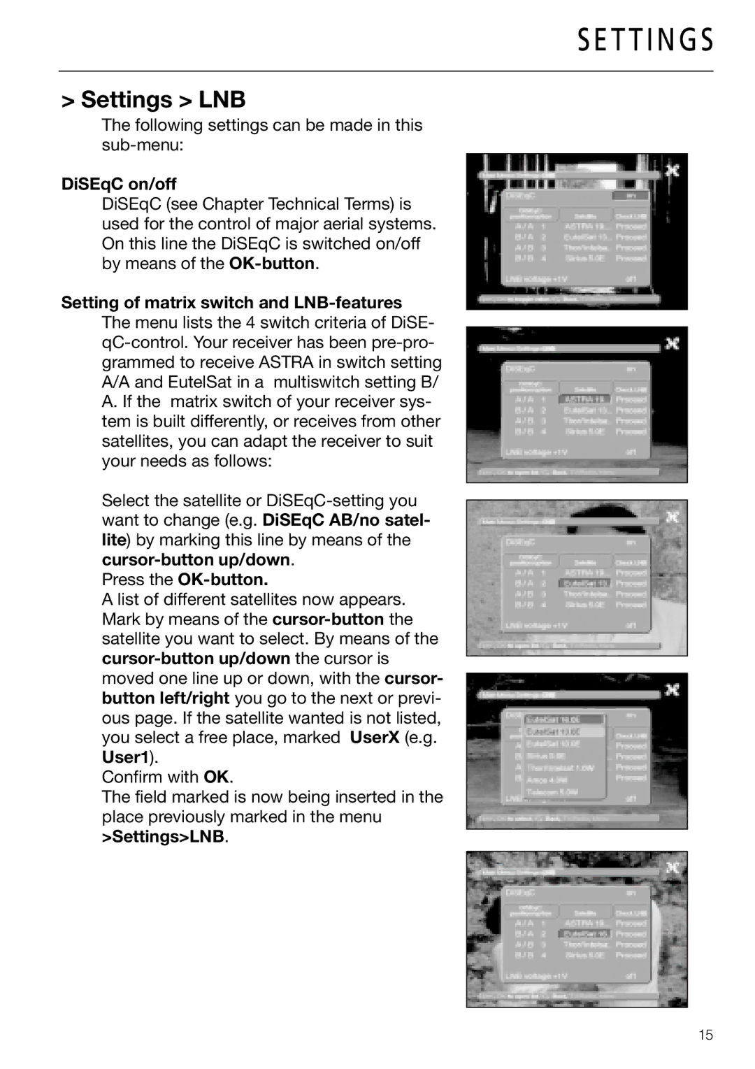 Triax DVB 65S, DVB 63S user manual Settings LNB, DiSEqC on/off 