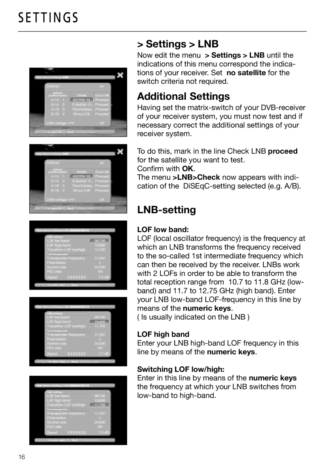 Triax DVB 63S, DVB 65S user manual Additional Settings, LNB-setting, LOF low band, LOF high band, Switching LOF low/high 