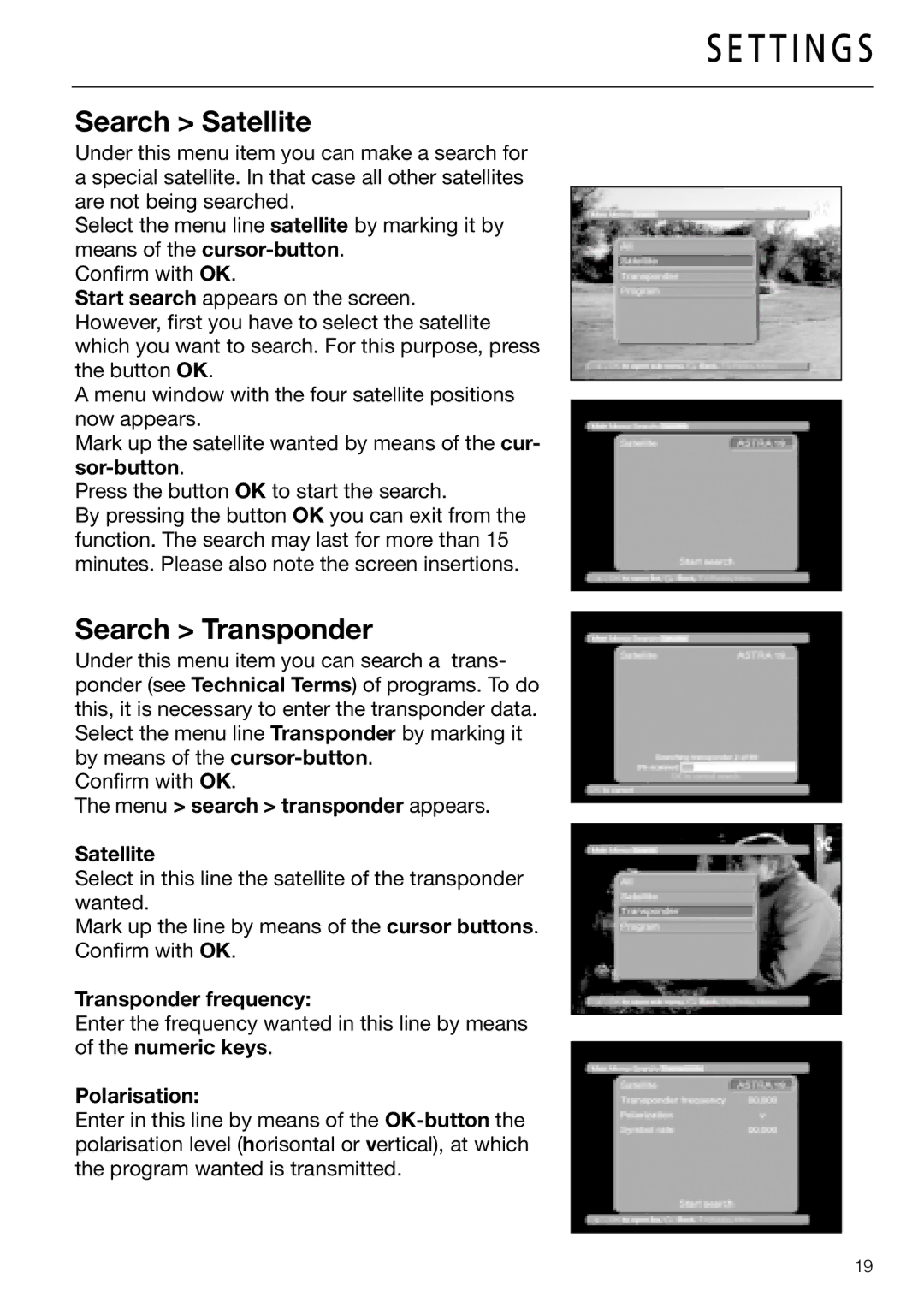 Triax DVB 65S, DVB 63S user manual Search Satellite, Search Transponder, Menu search transponder appears Satellite 