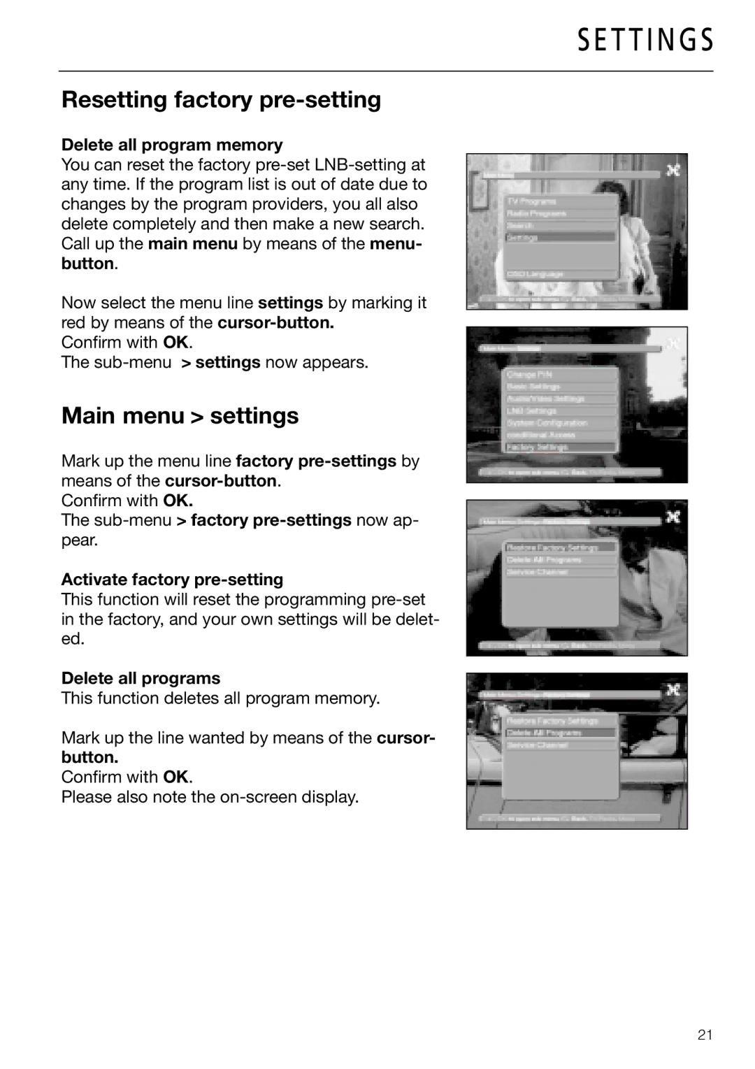 Triax DVB 65S, DVB 63S user manual Resetting factory pre-setting, Delete all program memory, Delete all programs 