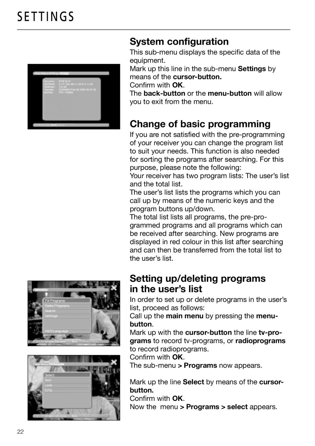 Triax DVB 63S, DVB 65S System configuration, Change of basic programming, Setting up/deleting programs in the user’s list 