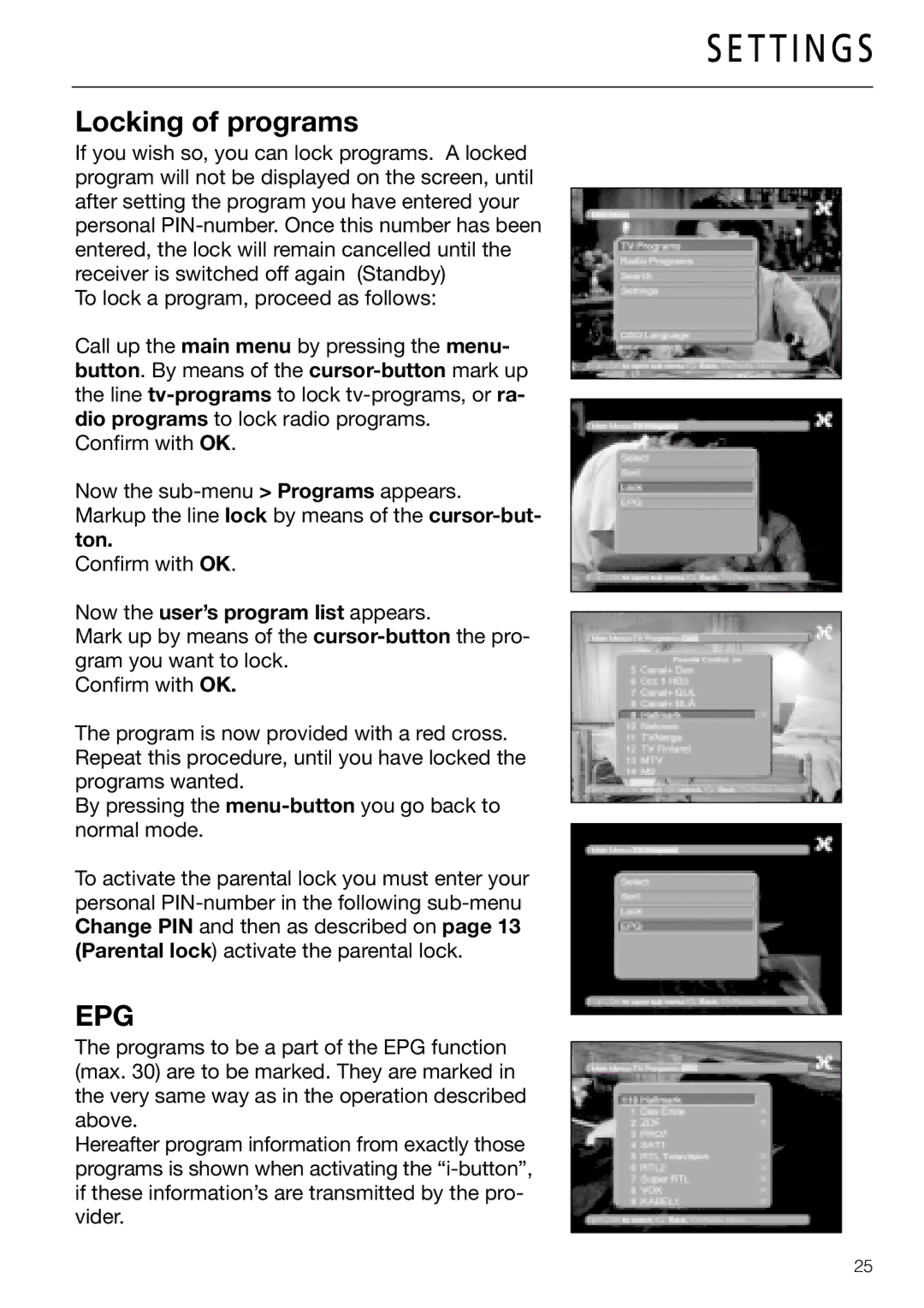 Triax DVB 65S, DVB 63S user manual Locking of programs, Epg 