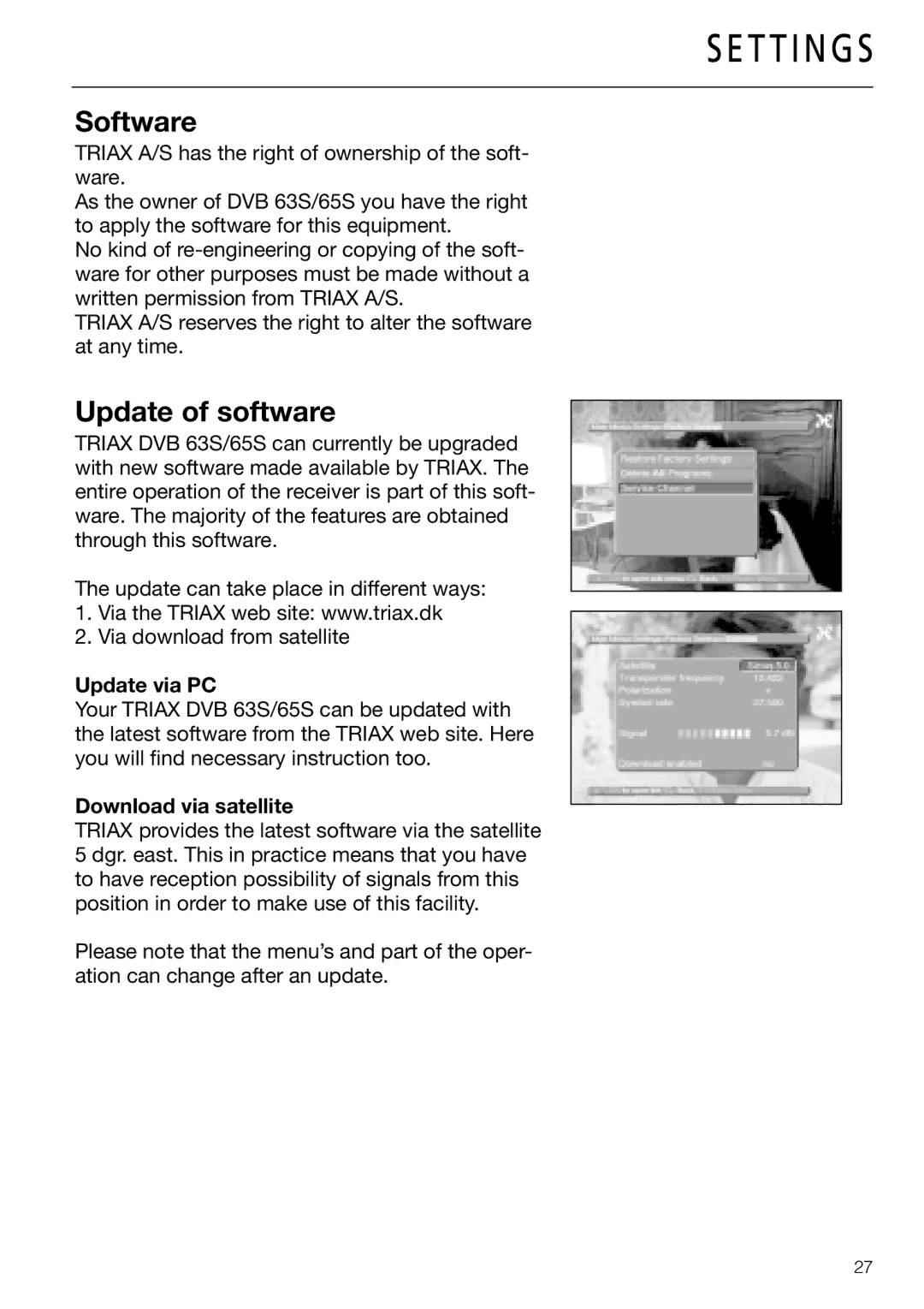 Triax DVB 65S, DVB 63S user manual Software, Update of software, Update via PC, Download via satellite 