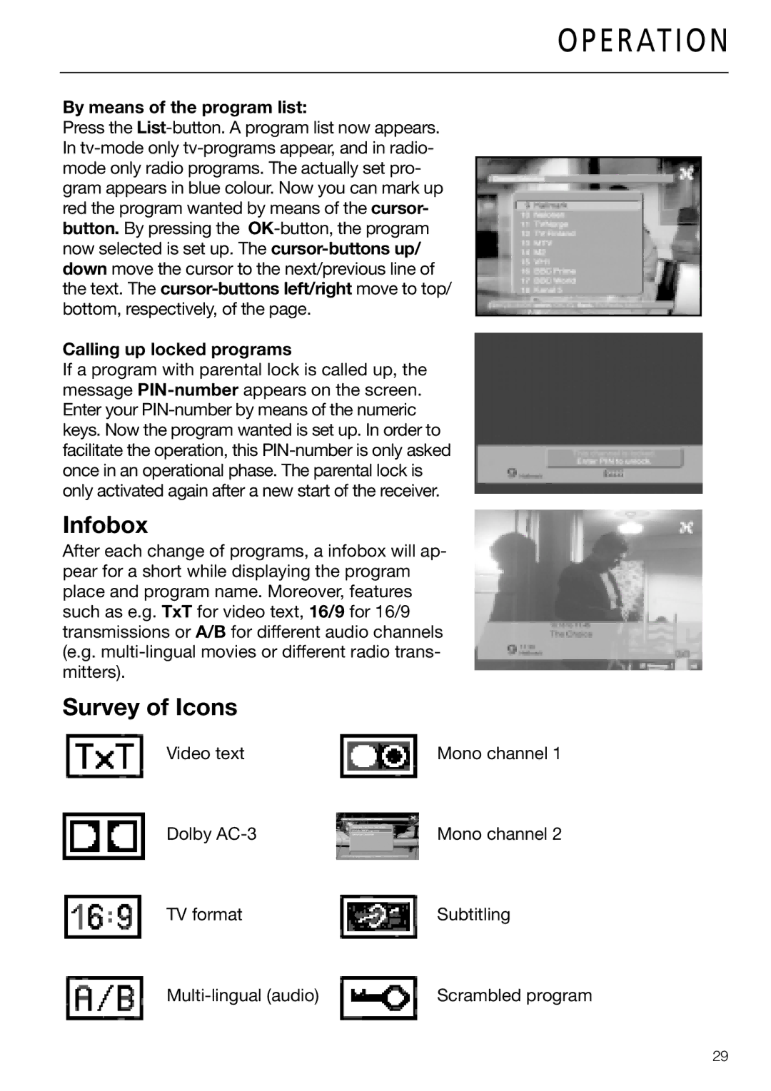 Triax DVB 65S, DVB 63S user manual Infobox, Survey of Icons, By means of the program list, Calling up locked programs 