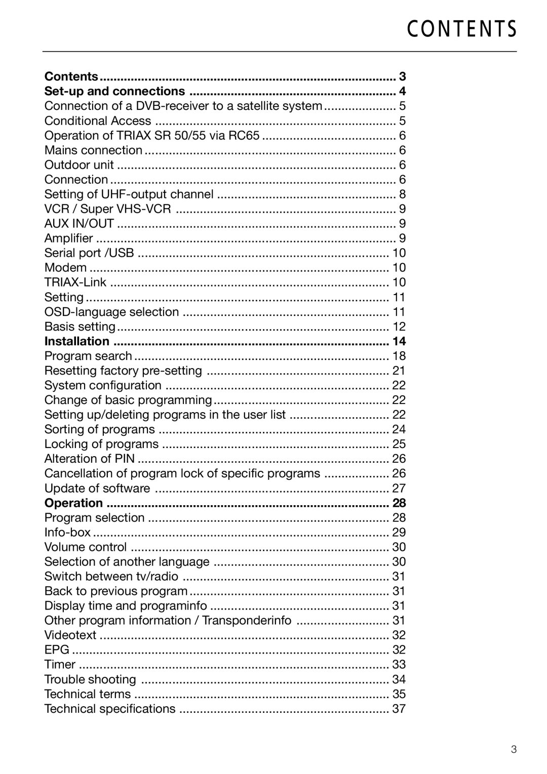 Triax DVB 65S, DVB 63S user manual N T E N T S, Contents Set-up and connections 