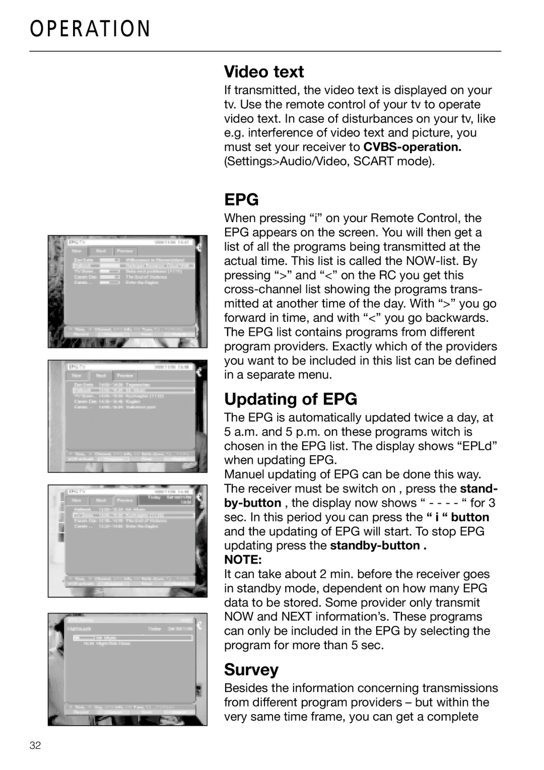 Triax DVB 63S, DVB 65S user manual Video text, Updating of EPG, Survey 