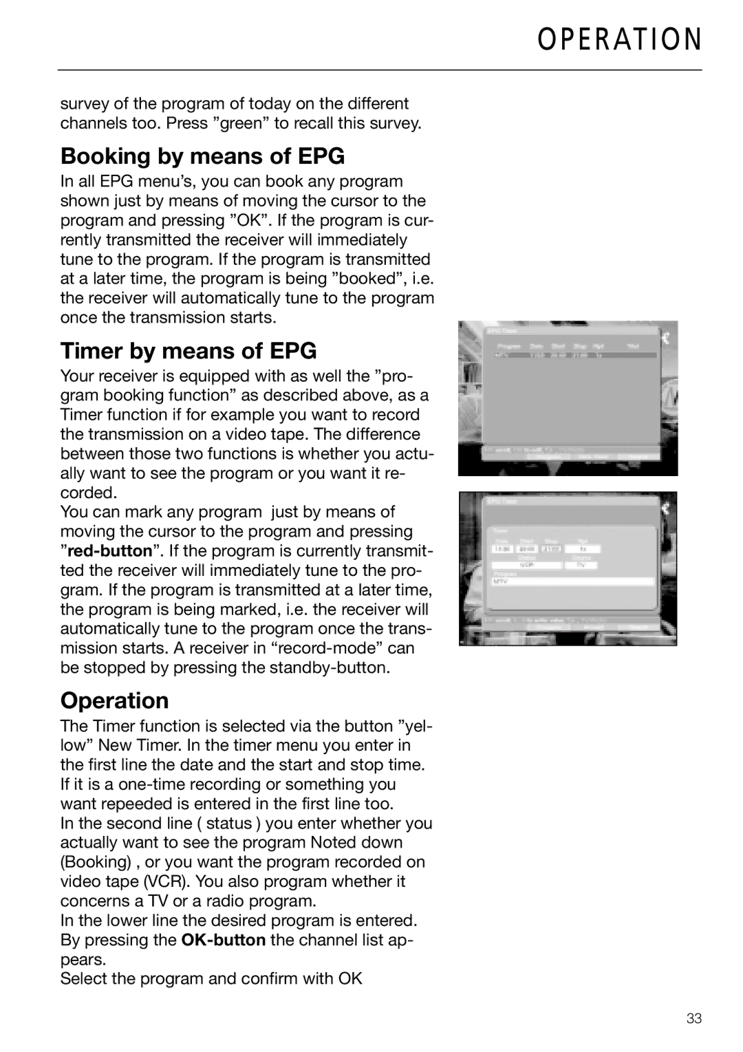 Triax DVB 65S, DVB 63S user manual Booking by means of EPG, Timer by means of EPG, Operation 