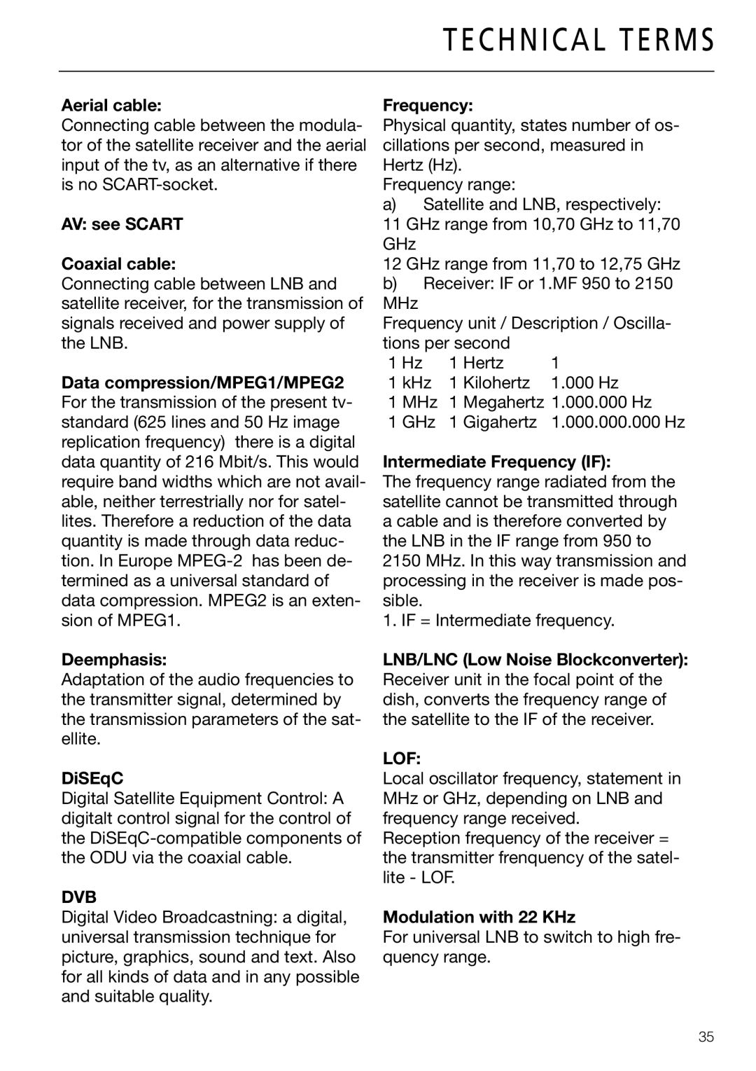 Triax DVB 65S, DVB 63S user manual Technical Terms 