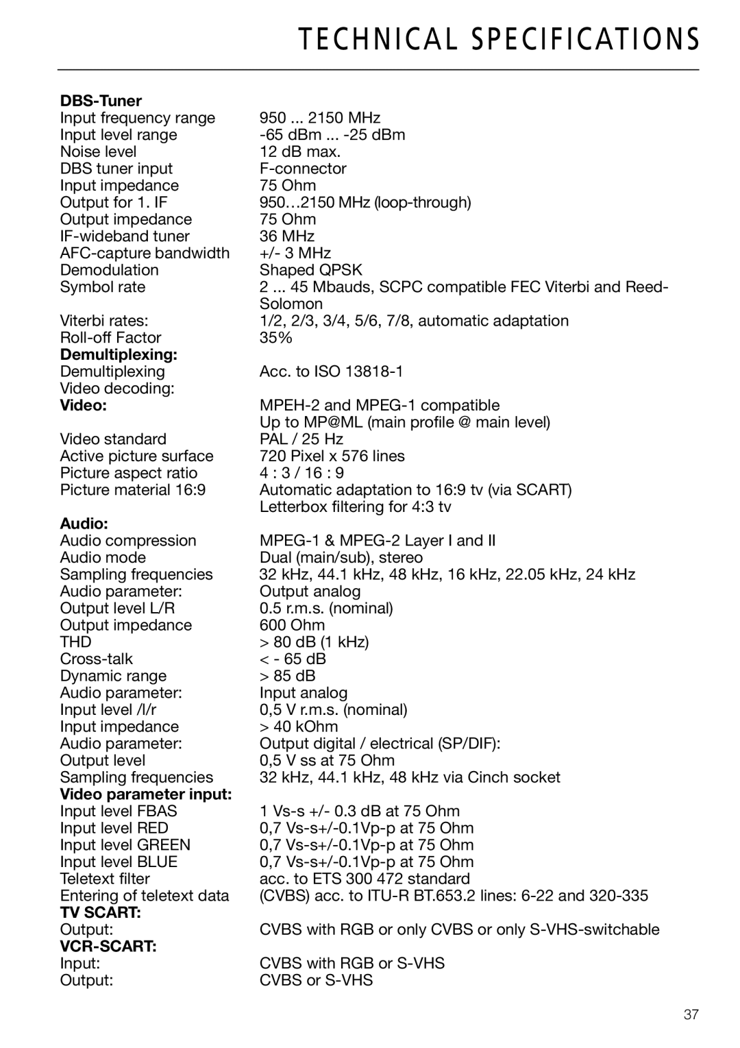 Triax DVB 65S, DVB 63S user manual Technical Specifications 