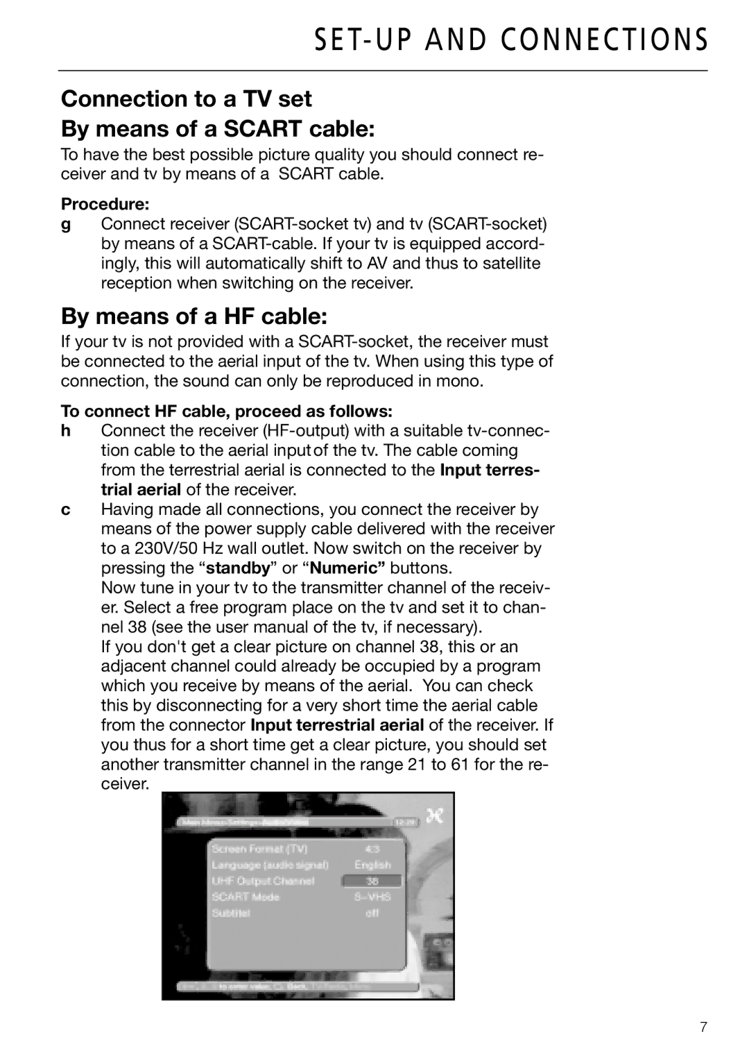 Triax DVB 65S, DVB 63S user manual Connection to a TV set By means of a Scart cable, By means of a HF cable, Procedure 