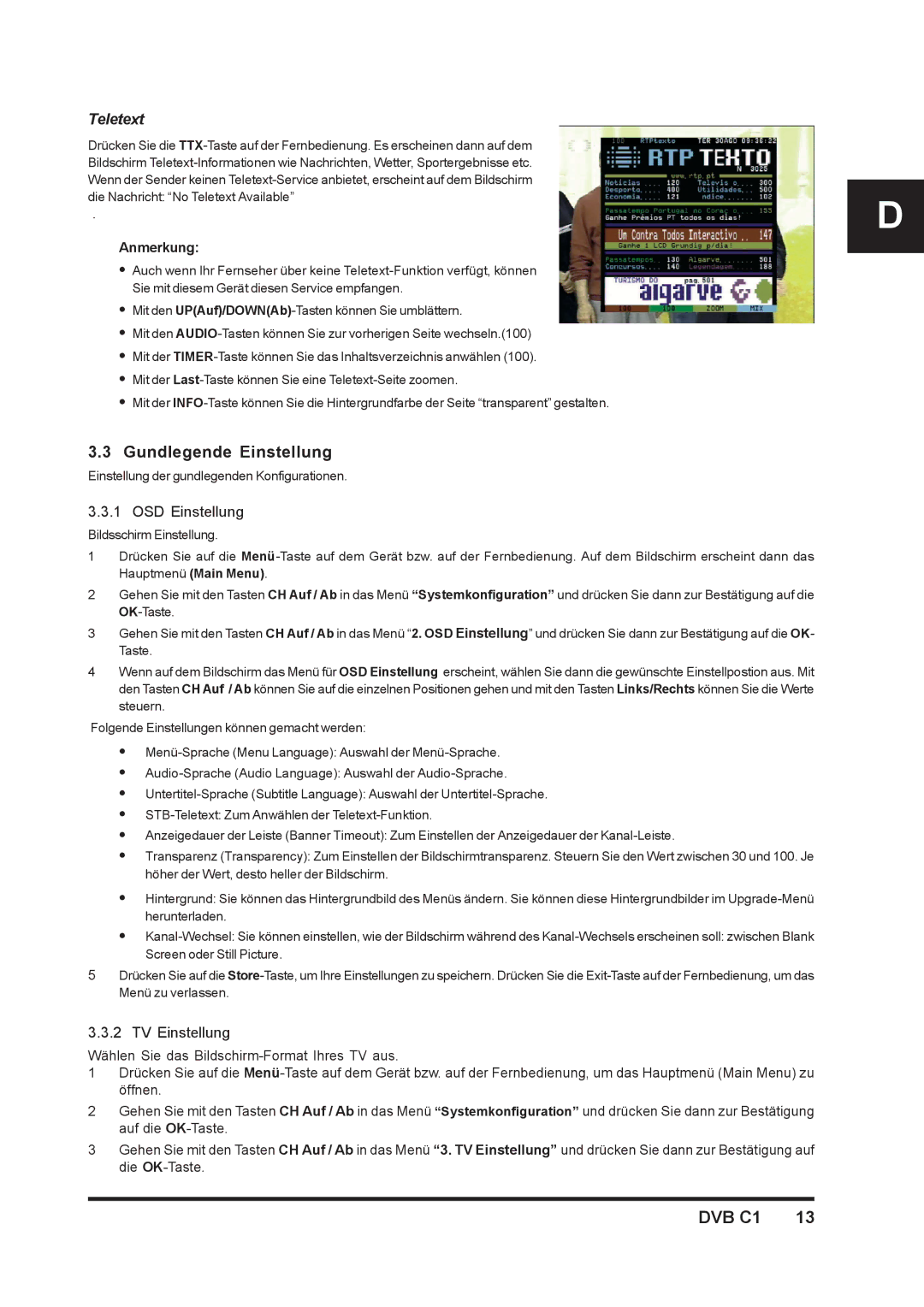 Triax DVB C1 manual Gundlegende Einstellung, Teletext, OSD Einstellung, TV Einstellung 