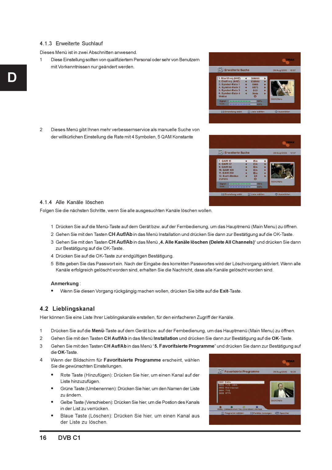 Triax DVB C1 manual Lieblingskanal, Erweiterte Suchlauf, Alle Kanäle löschen 