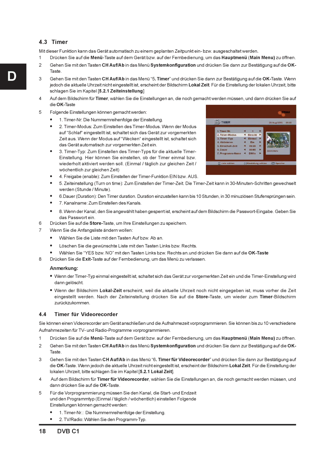 Triax DVB C1 manual Timer für Videorecorder 