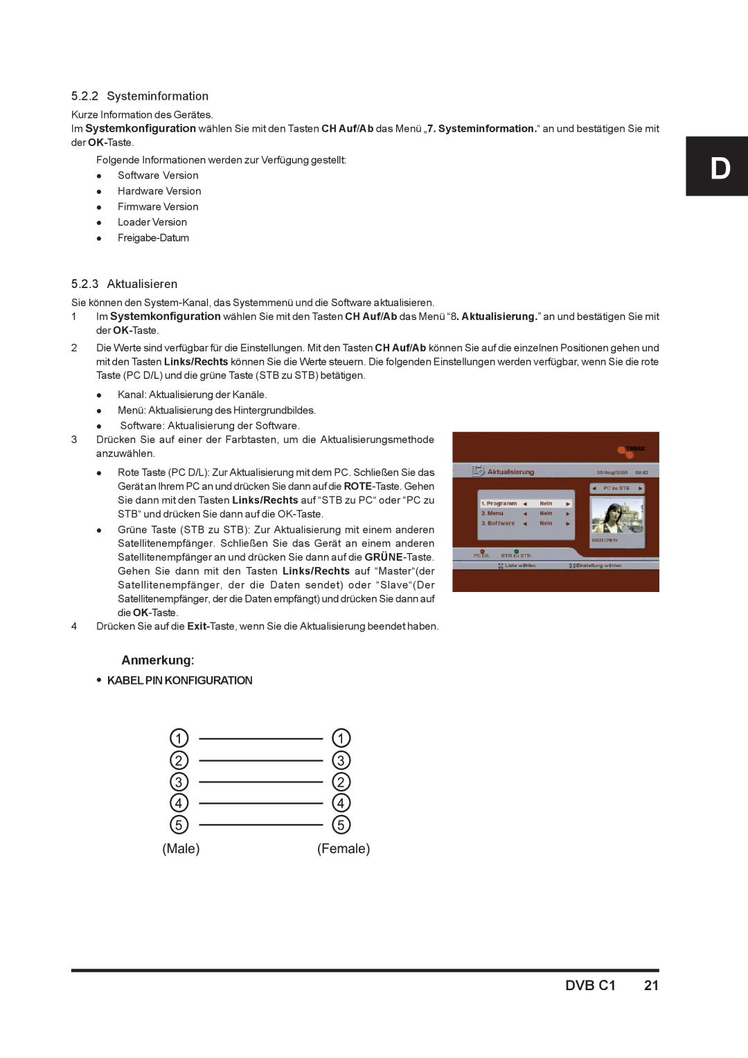 Triax DVB C1 manual Systeminformation, Aktualisieren, Kabel PIN Konfiguration 