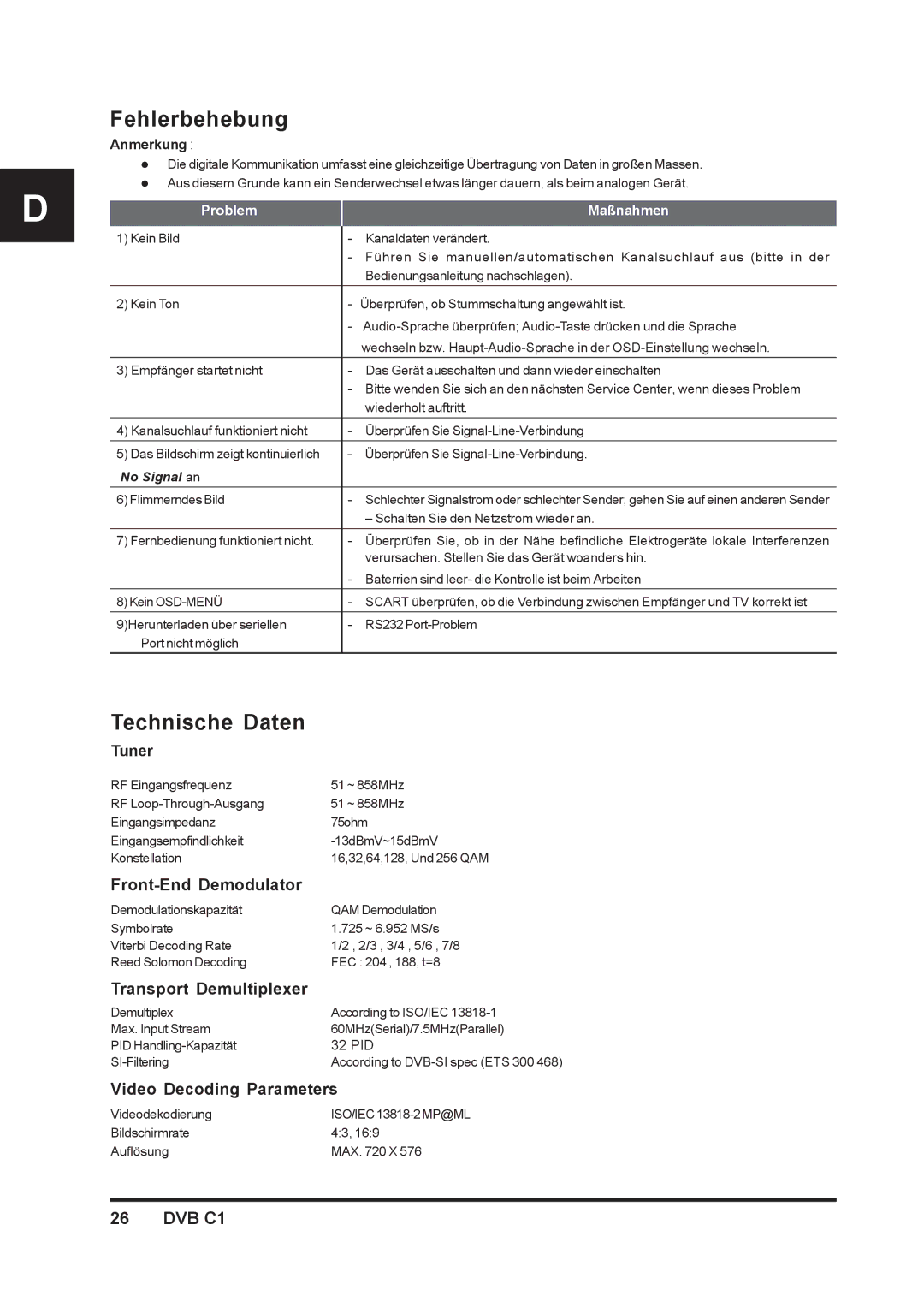 Triax DVB C1 manual Front-End Demodulator, Transport Demultiplexer, Video Decoding Parameters 