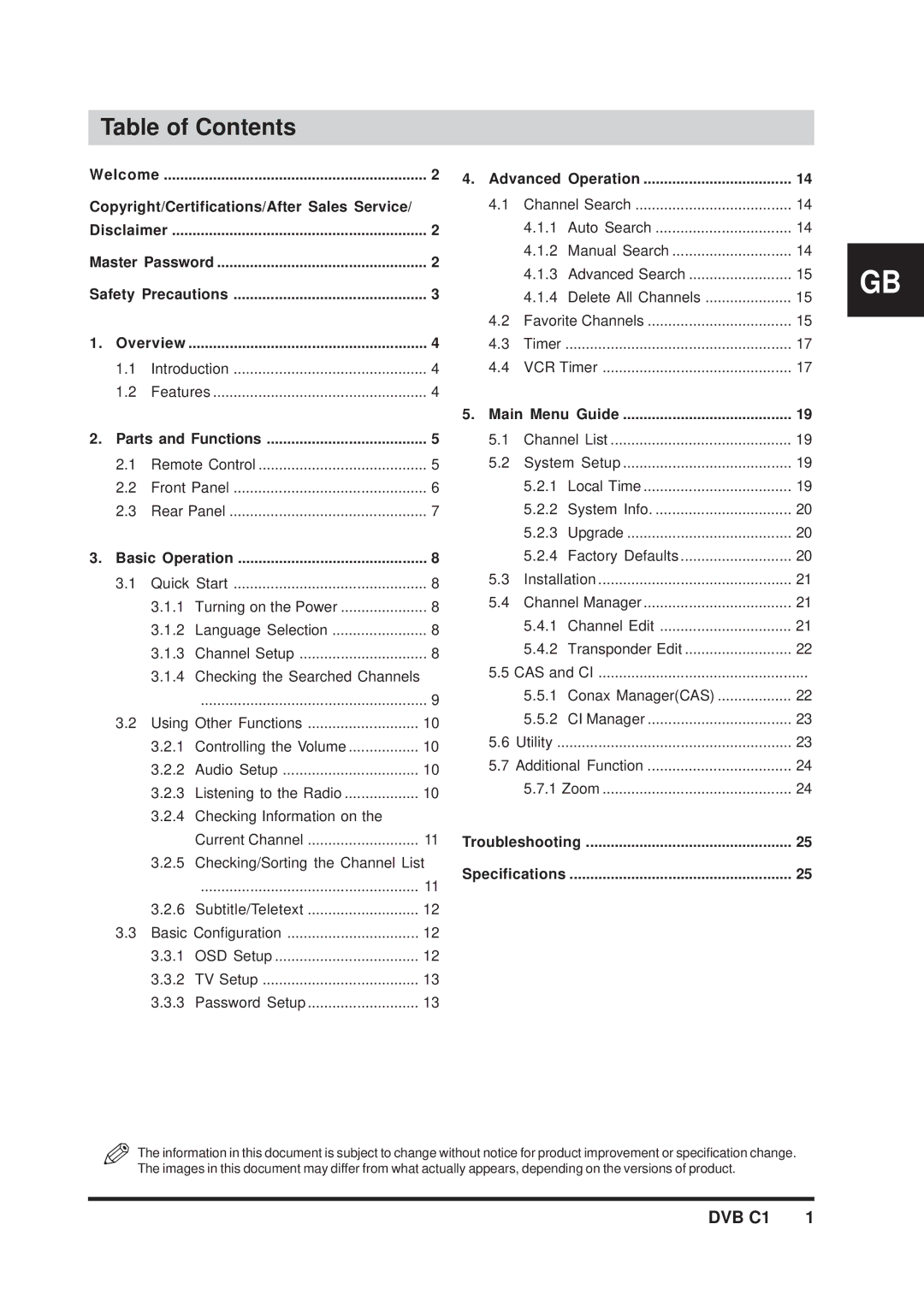 Triax DVB C1 manual Table of Contents 