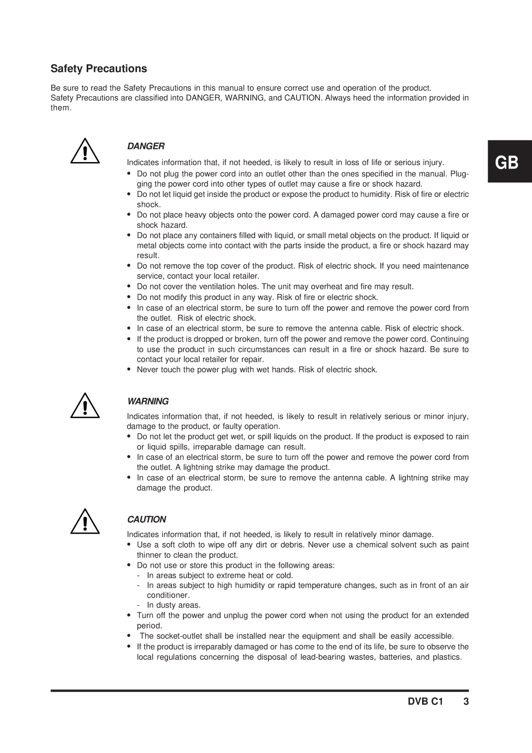 Triax DVB C1 manual Safety Precautions 