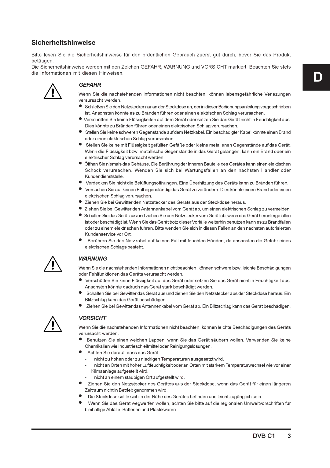 Triax DVB C1 manual Sicherheitshinweise, Gefahr 