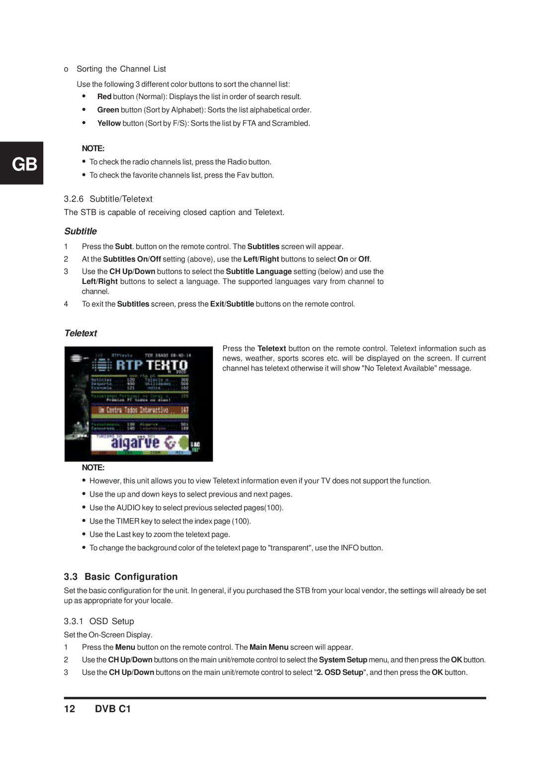 Triax DVB C1 manual Basic Configuration, Subtitle/Teletext, OSD Setup 