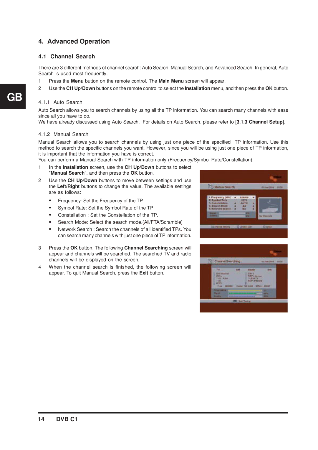 Triax DVB C1 manual Advanced Operation, Channel Search, Auto Search, Manual Search 