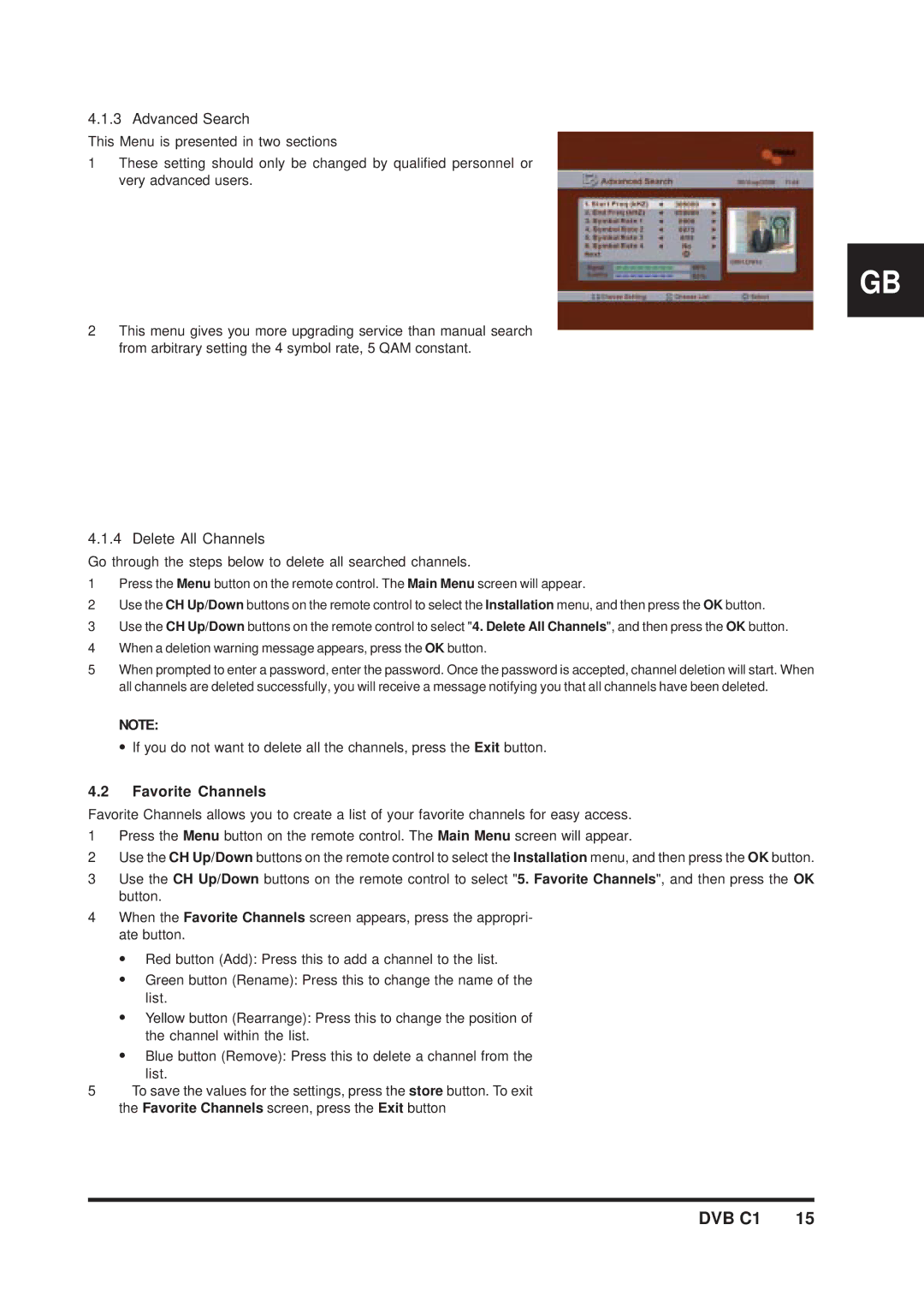 Triax DVB C1 manual Advanced Search, Delete All Channels 