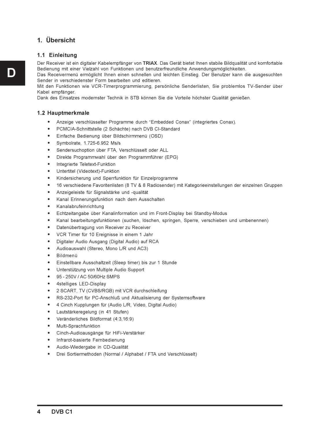 Triax DVB C1 manual Übersicht, Einleitung, Hauptmerkmale 