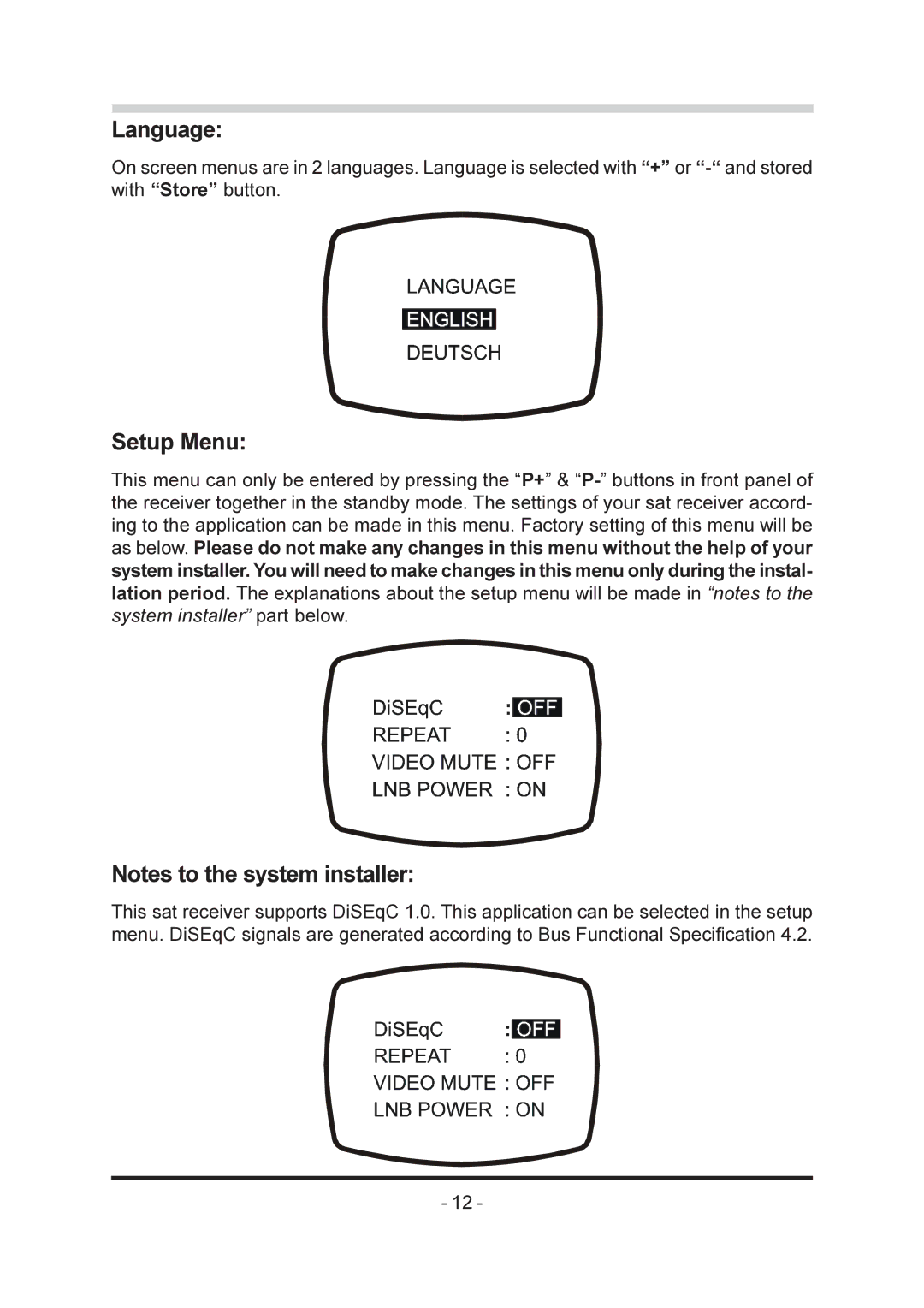 Triax SR-26 manual Language, Setup Menu 