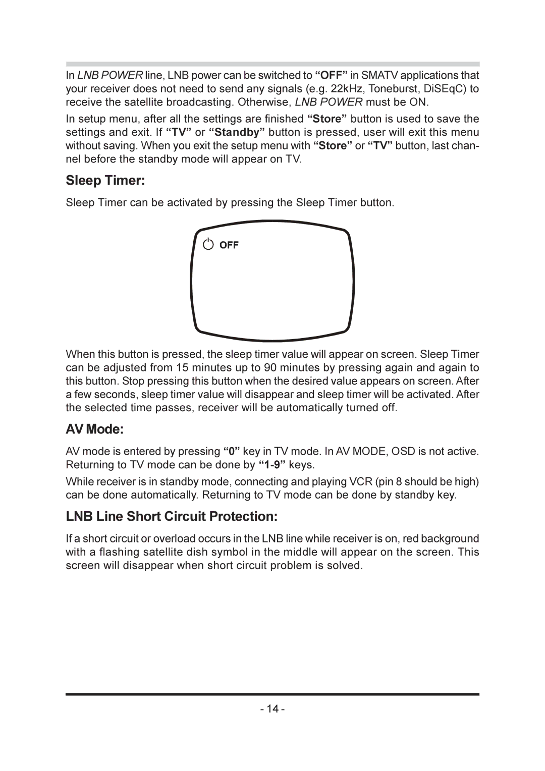 Triax SR-26 manual Sleep Timer, AV Mode, LNB Line Short Circuit Protection 