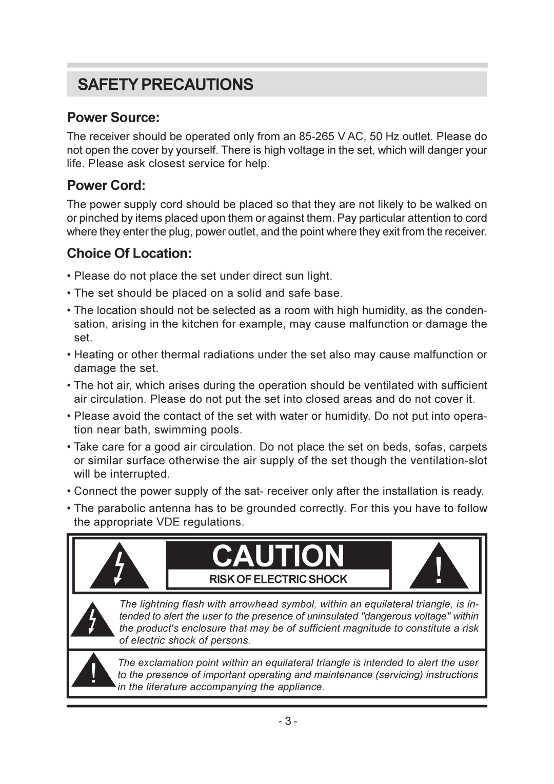 Triax SR-26 manual Safety Precautions, Power Source, Power Cord, Choice Of Location 