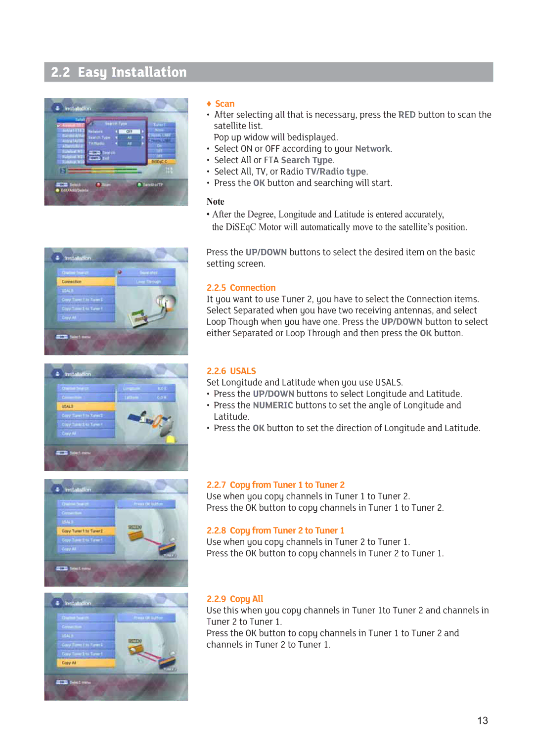 Triax SR 322 manual Scan, Usals, Copy from Tuner 1 to Tuner, Copy from Tuner 2 to Tuner, Copy All 