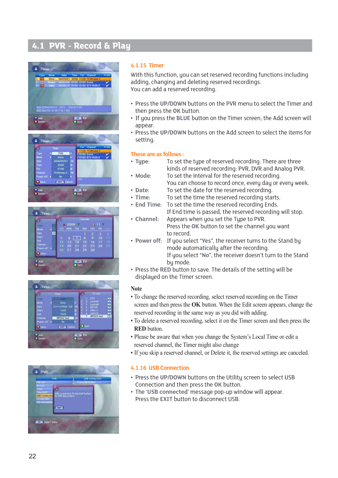 Triax SR 322 manual Timer, These are as follows, USB Connection 