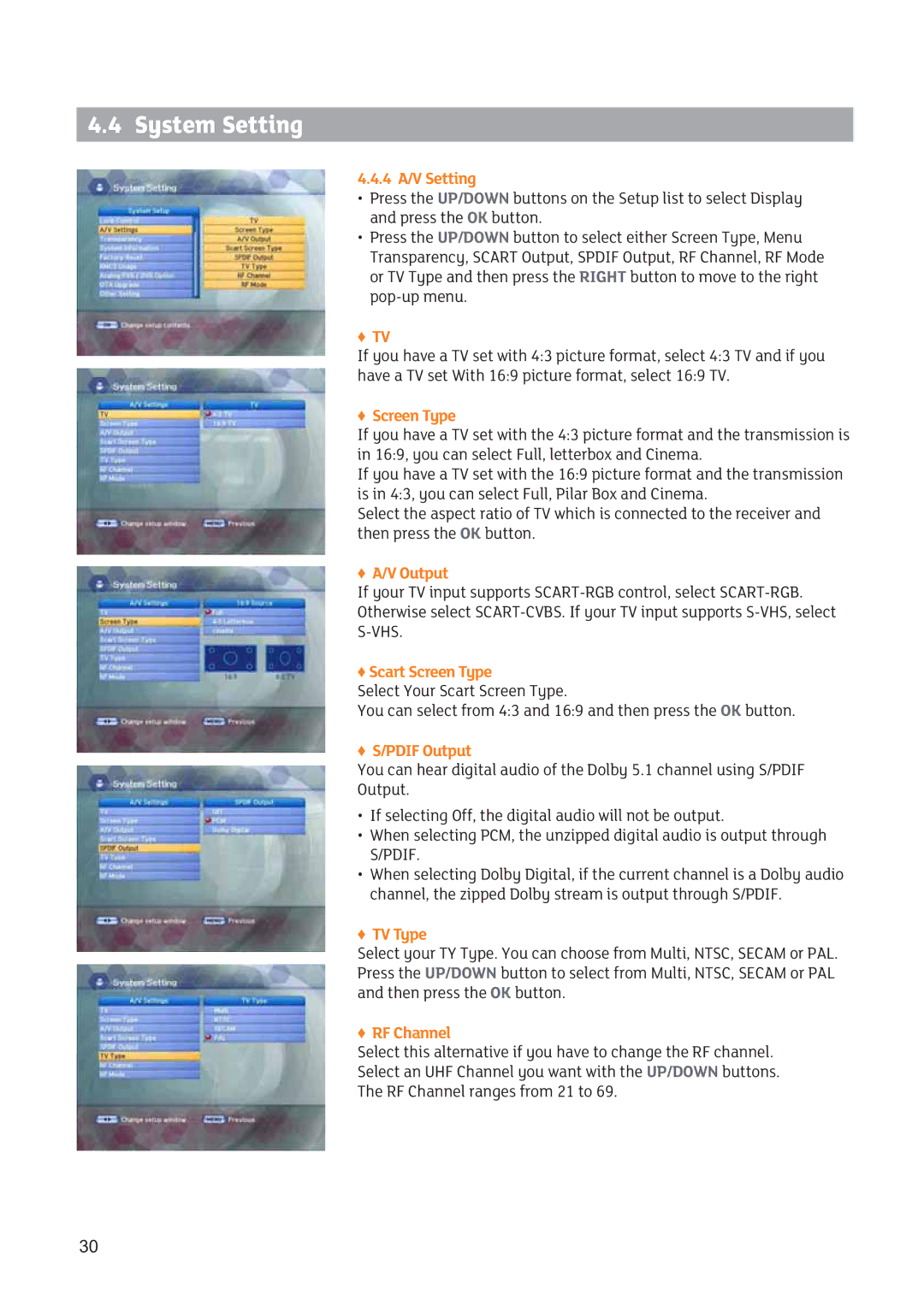 Triax SR 322 manual 4 A/V Setting, V Output, Scart Screen Type, Pdif Output, TV Type, RF Channel 