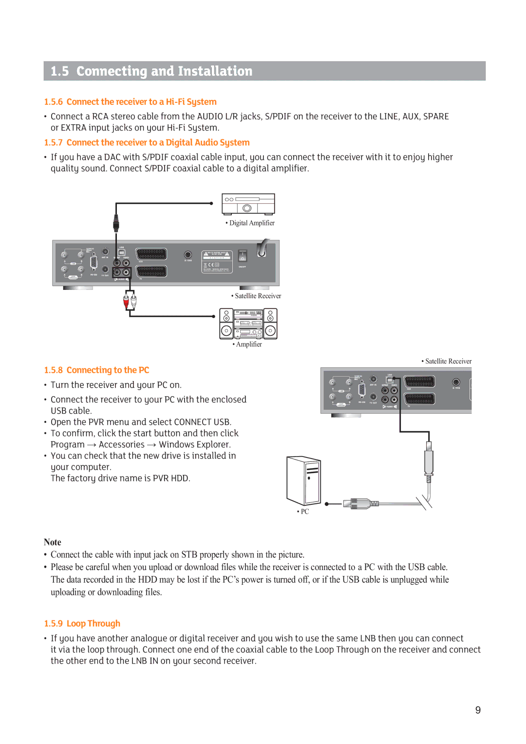 Triax SR 322 Connect the receiver to a Hi-Fi System, Connect the receiver to a Digital Audio System, Connecting to the PC 